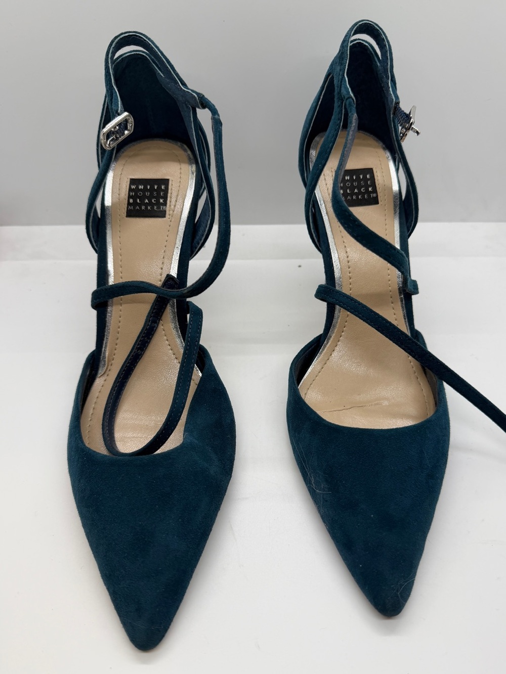 White House Black Market Teal Suede Pointed-Toe Ankle Strap Heels